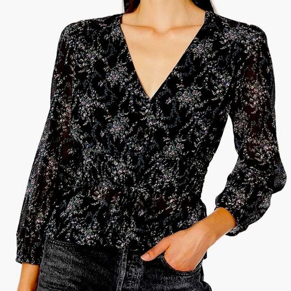 PAIGE Osaka Black Multi Long Sleeve Floral Silk Blend Top Size XL 📦 - Picture 10 of 10